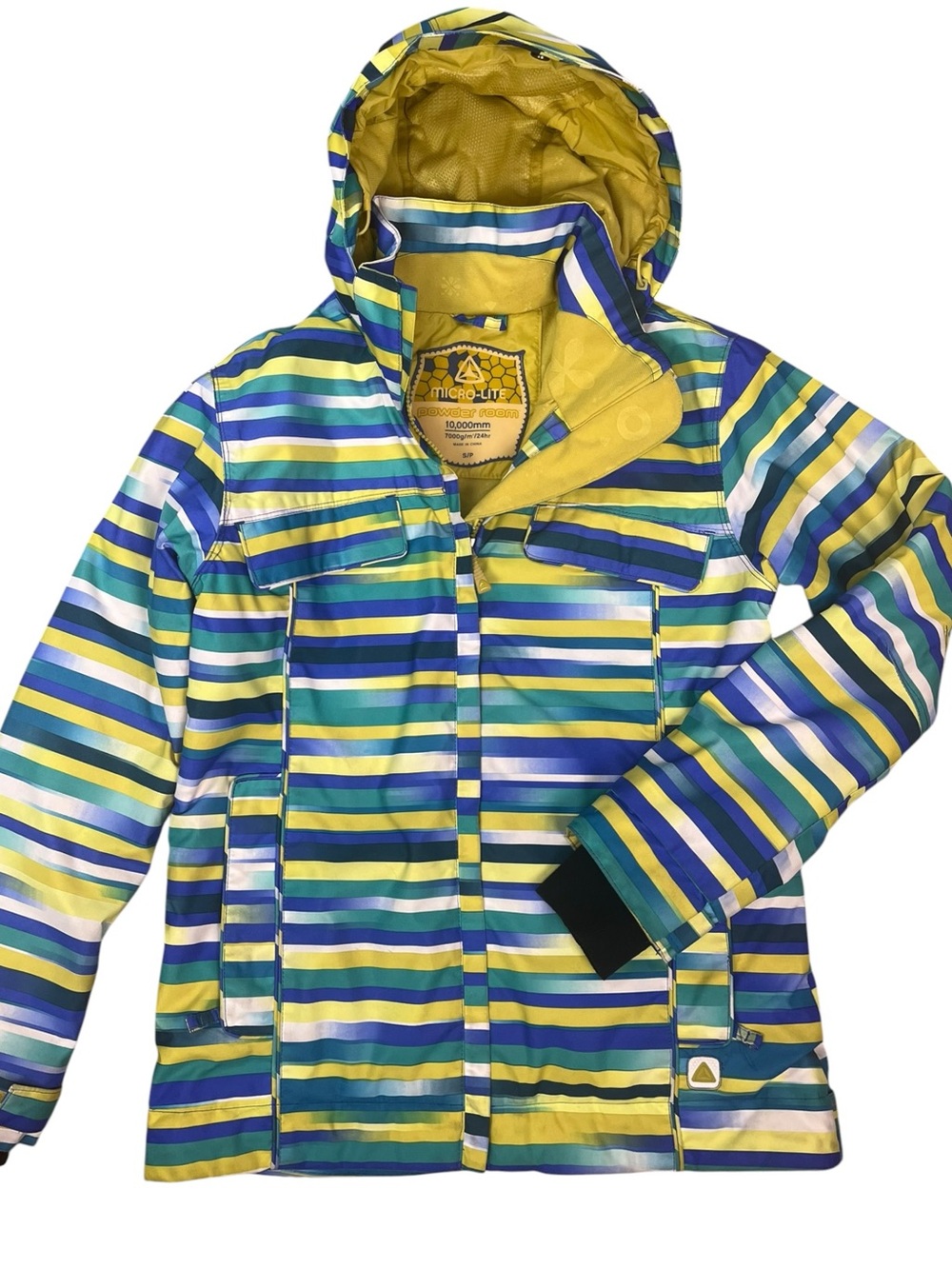 Powder Room Ski Snowboard Jacket Coat Womens Small Striped Hooded Blue Yellow